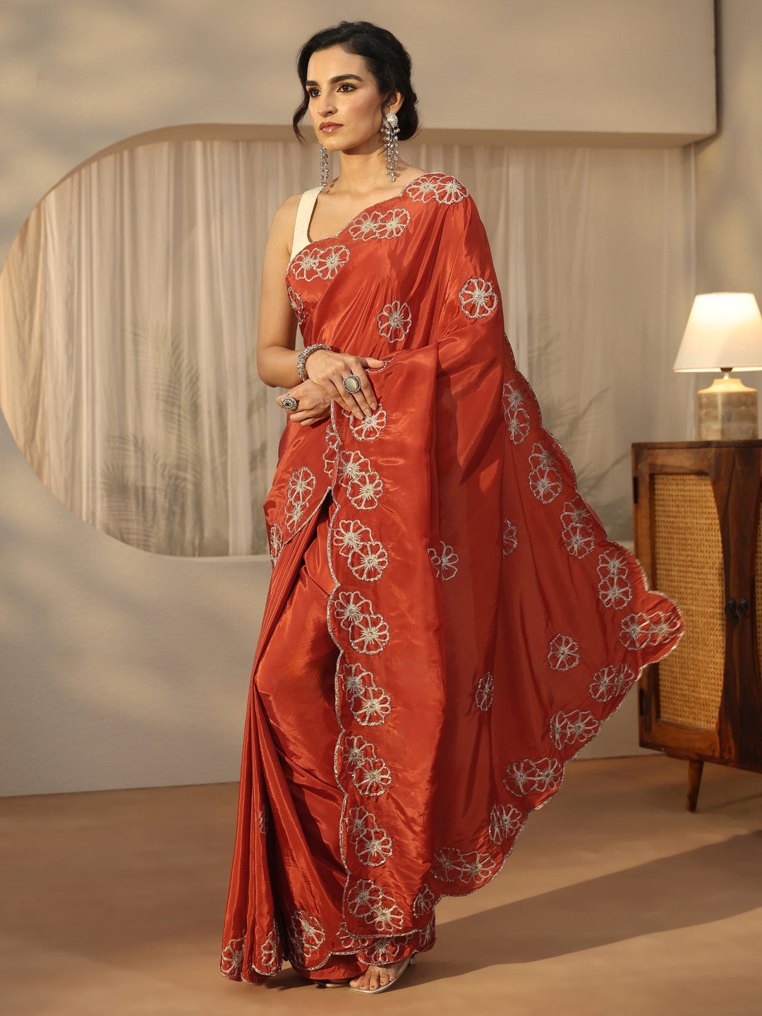  Libas Rust Brown Floral Embellished Satin Saree with Scalloped Border 