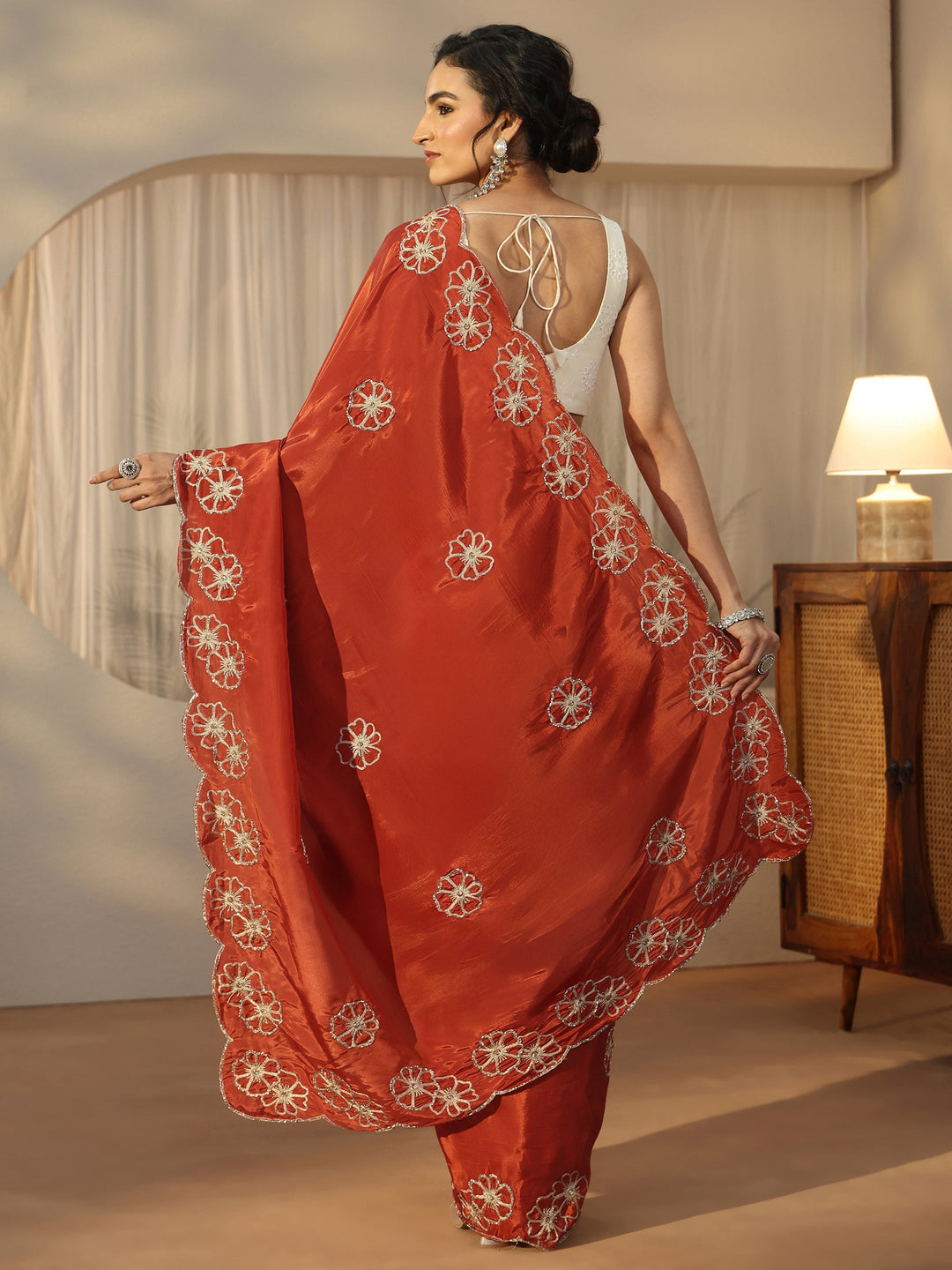  Libas Rust Brown Floral Embellished Satin Saree with Scalloped Border 