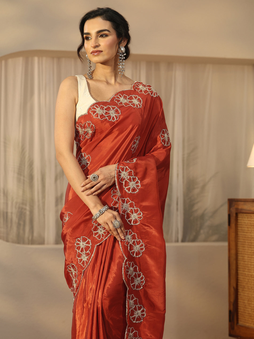  Libas Rust Brown Floral Embellished Satin Saree with Scalloped Border 