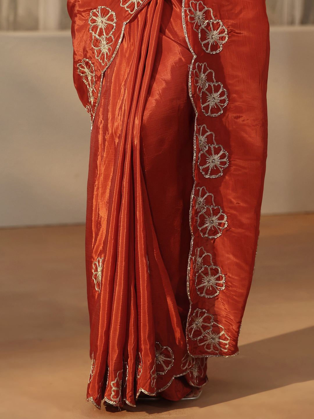  Libas Rust Brown Floral Embellished Satin Saree with Scalloped Border 