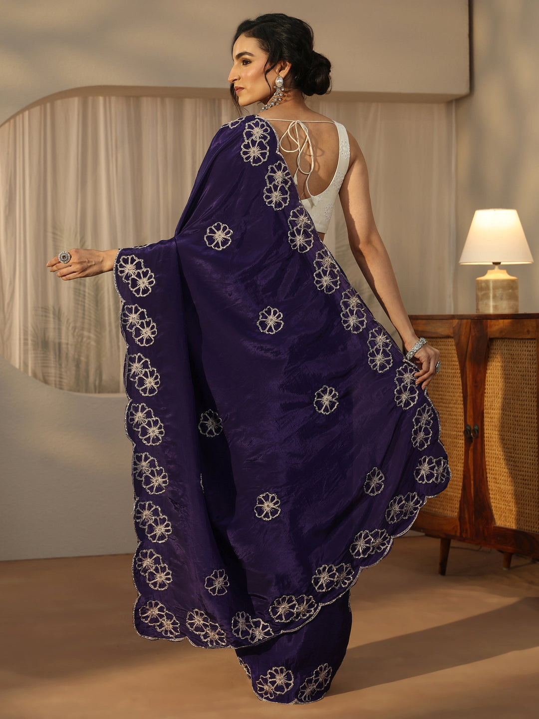  Libas Imperial Purple Floral Embellished Satin Saree with Scalloped Border 