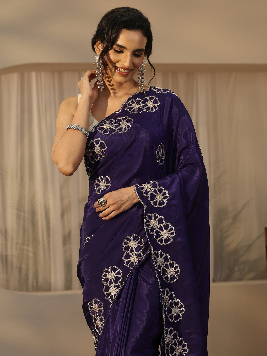  Libas Imperial Purple Floral Embellished Satin Saree with Scalloped Border 