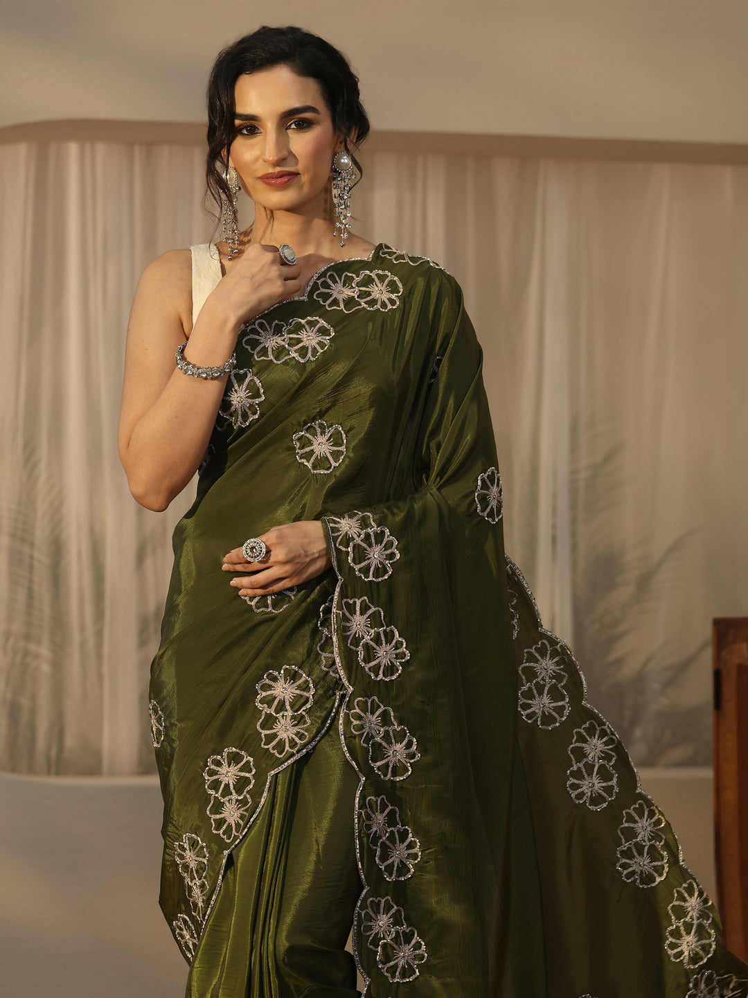  Libas Henna Green Floral Embellished Satin Saree with Scalloped Border 