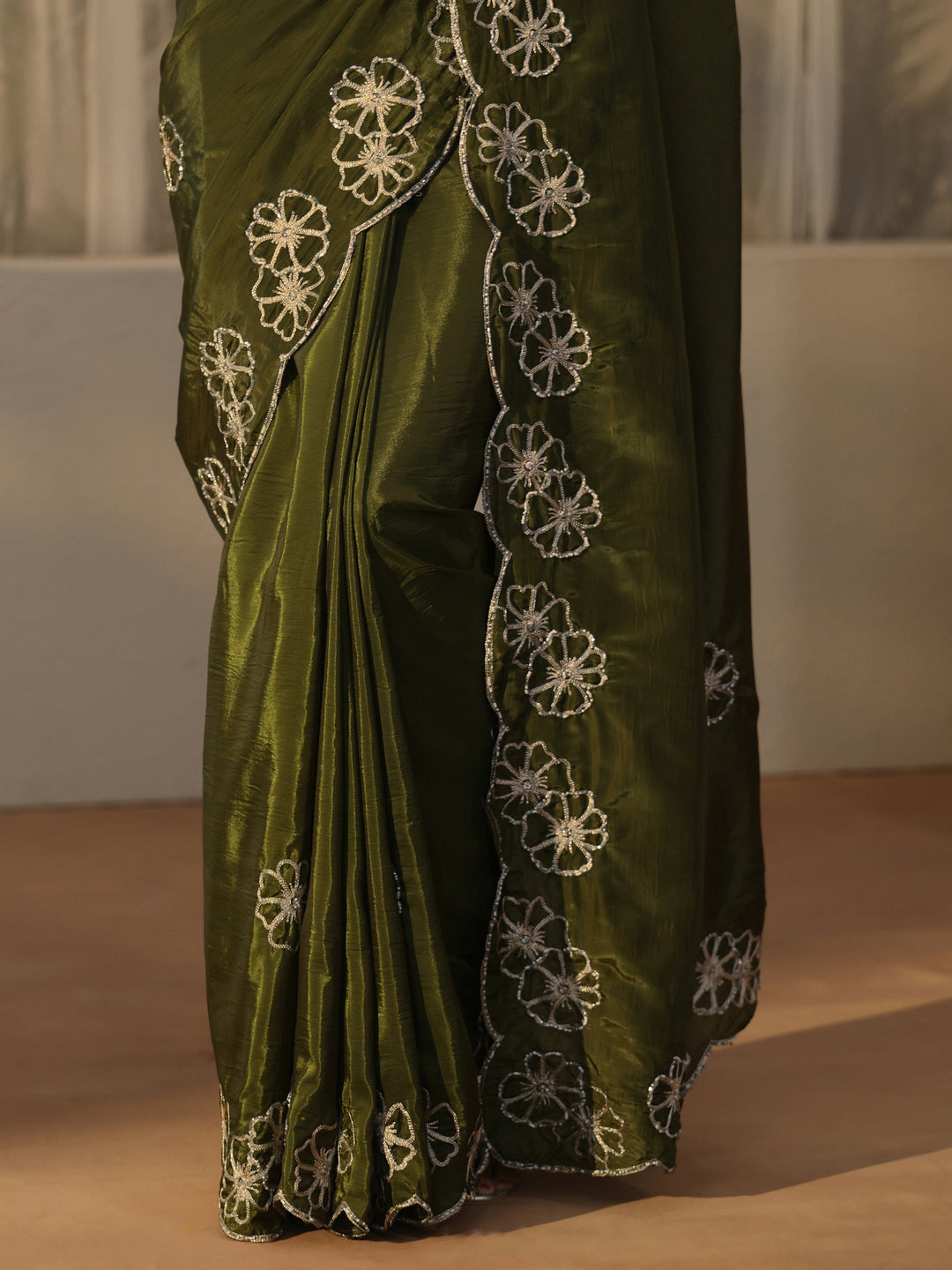  Libas Henna Green Floral Embellished Satin Saree with Scalloped Border 