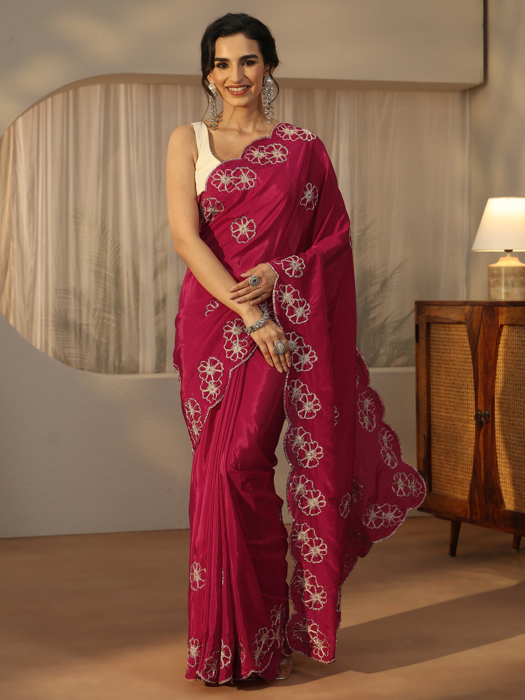  Libas Rani Pink Floral Embellished Satin Saree with Scalloped Border 