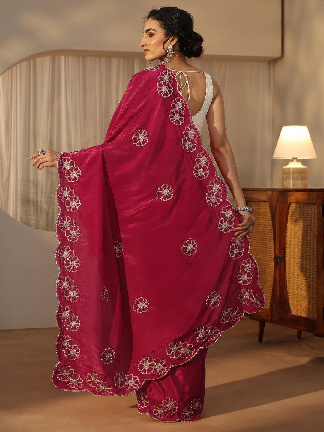  Libas Rani Pink Floral Embellished Satin Saree with Scalloped Border 