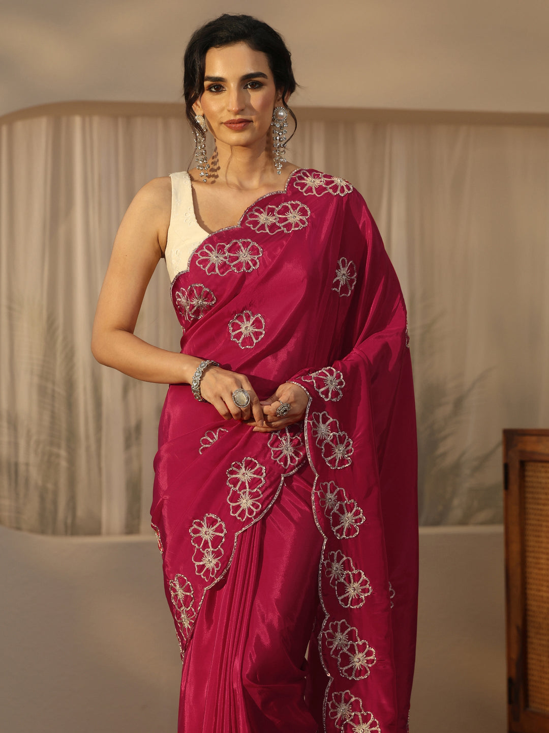  Libas Rani Pink Floral Embellished Satin Saree with Scalloped Border 