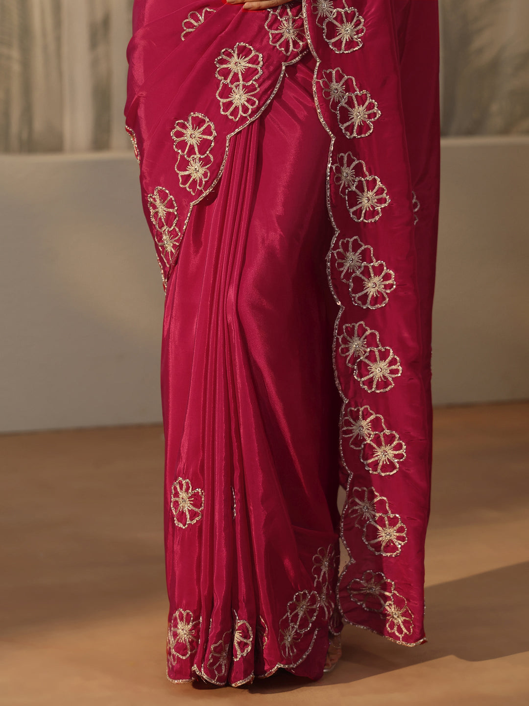  Libas Rani Pink Floral Embellished Satin Saree with Scalloped Border 