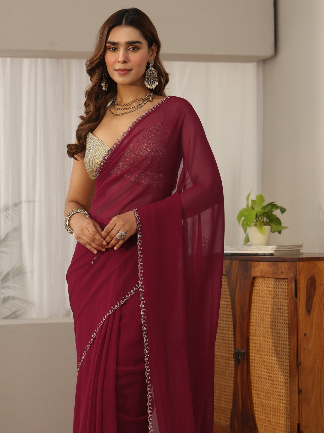  Libas Maroon Embellished Georgette Saree 