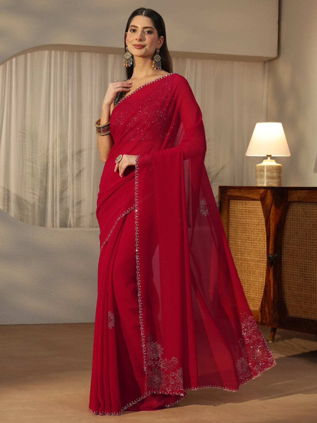  Libas Rose Red Floral Embellished Georgette Saree 