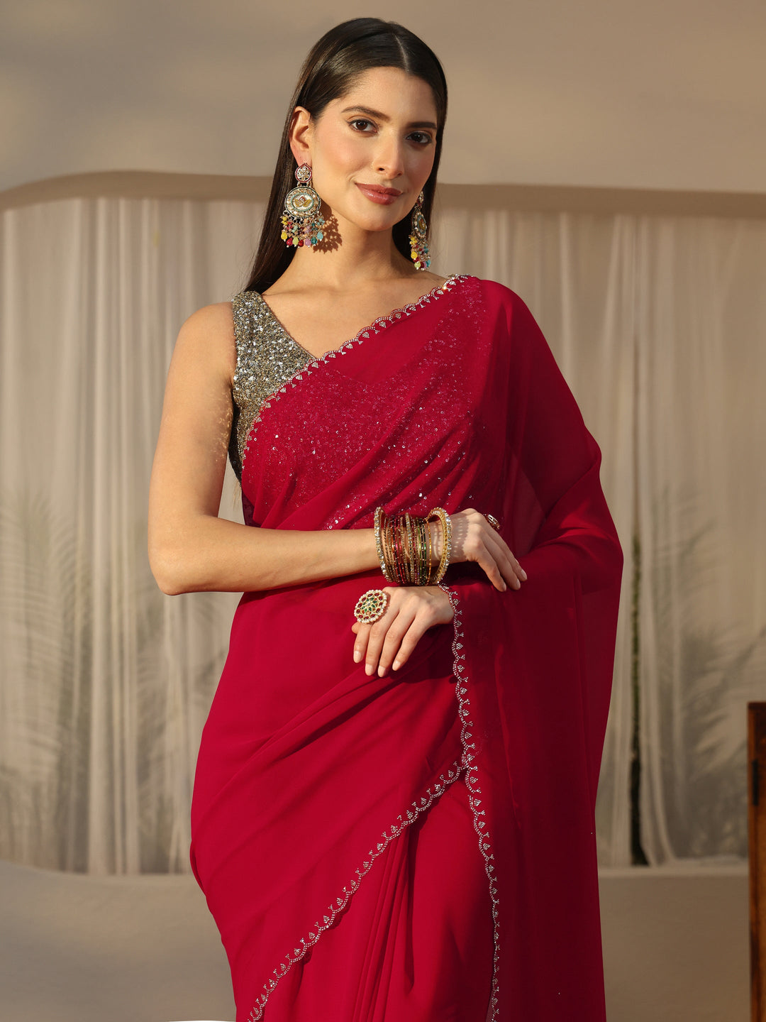  Libas Rose Red Floral Embellished Georgette Saree 