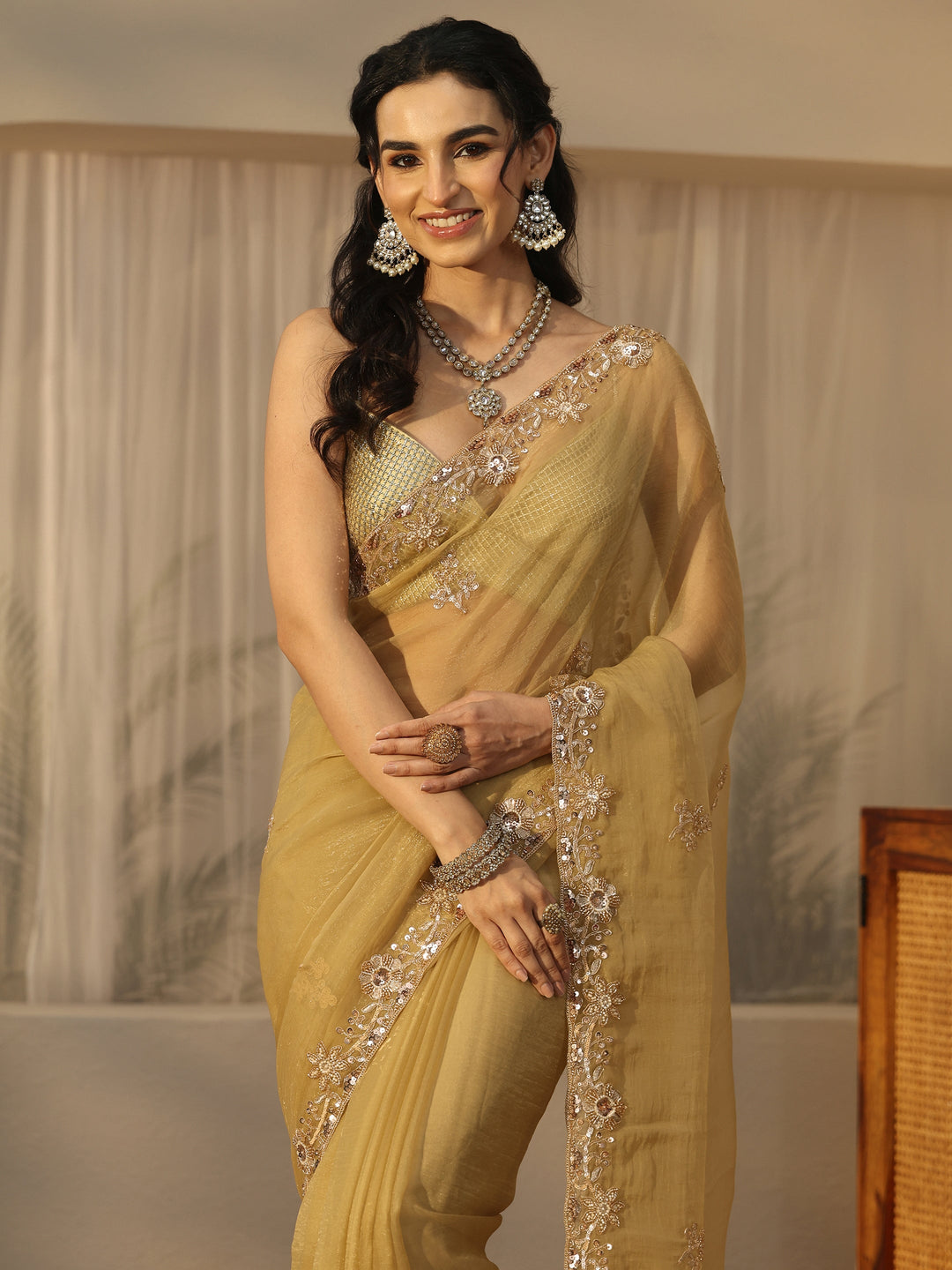  Libas Green Floral Embellished Tissue Saree 