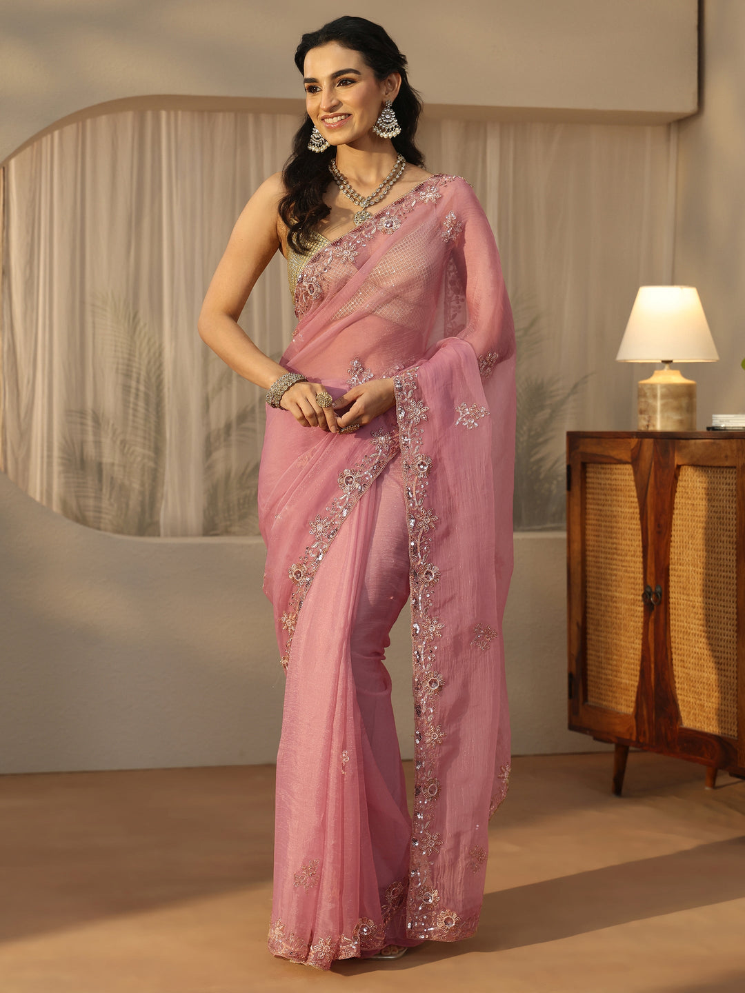  Libas Dusty Pink Floral Embellished Tissue Saree 