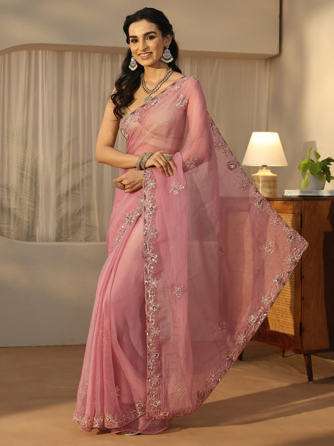  Libas Dusty Pink Floral Embellished Tissue Saree 