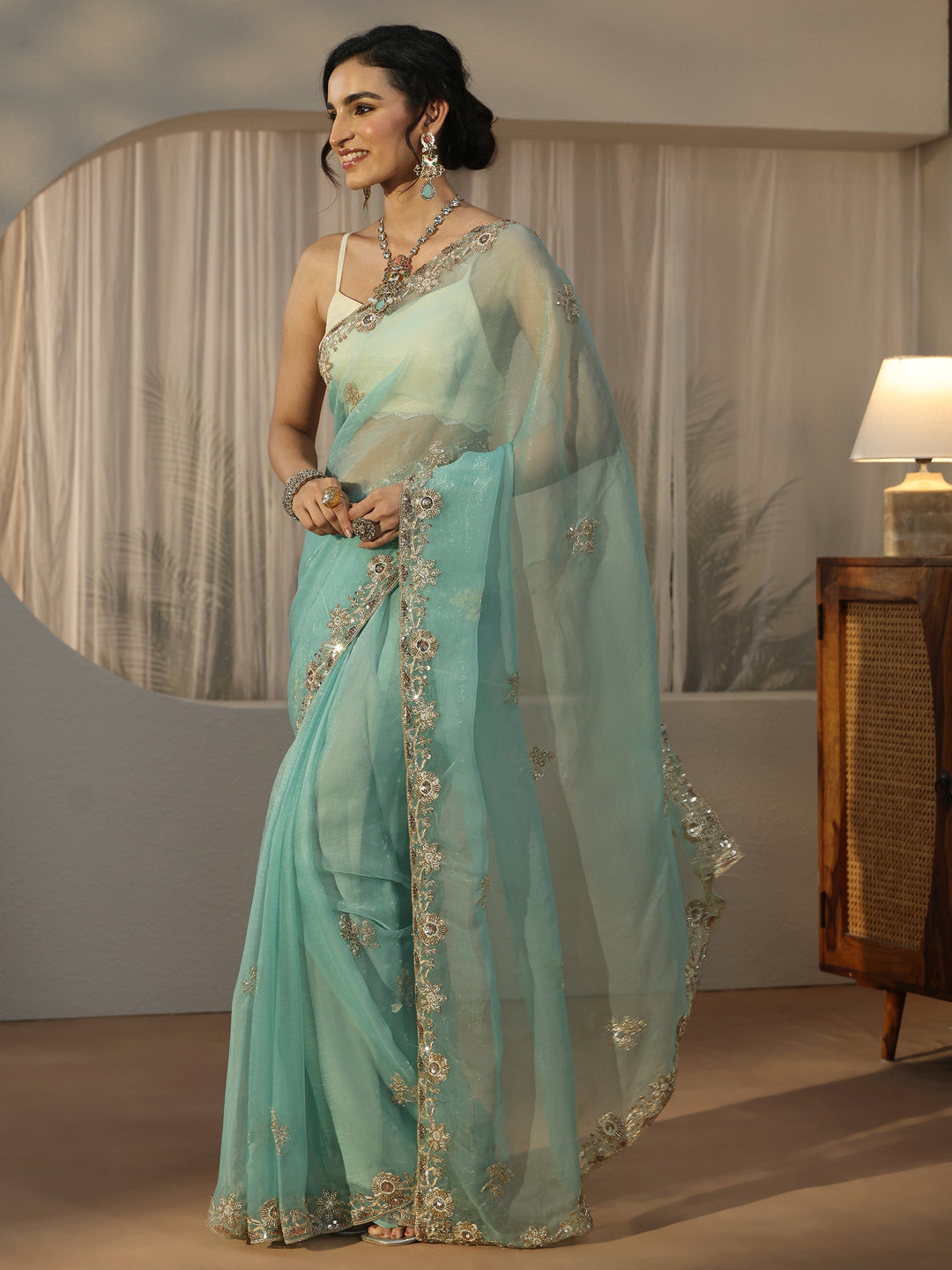  Libas Turquoise Blue Floral Embellished Tissue Saree 