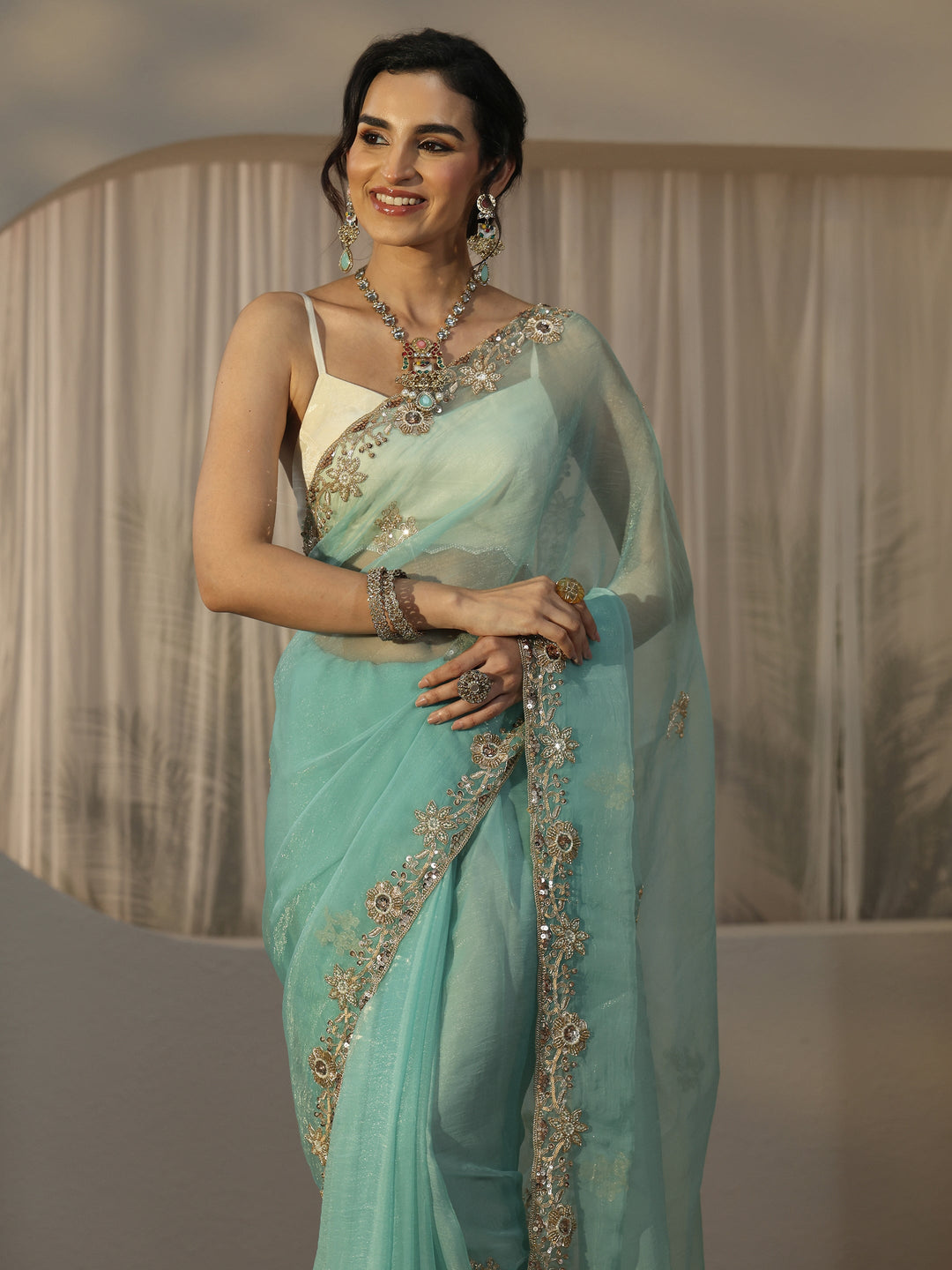  Libas Turquoise Blue Floral Embellished Tissue Saree 