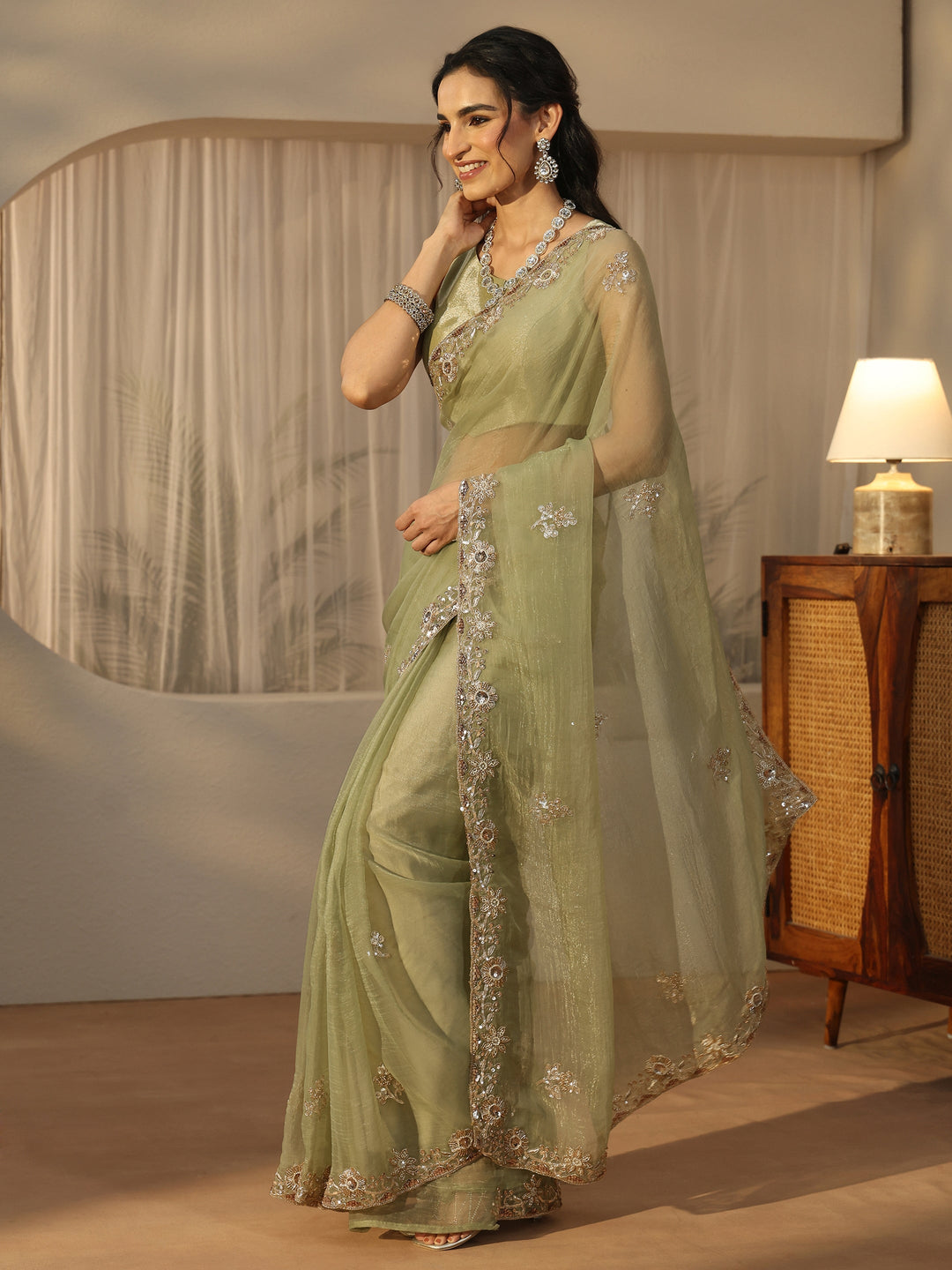  Libas Pista Green Floral Embellished Tissue Saree 