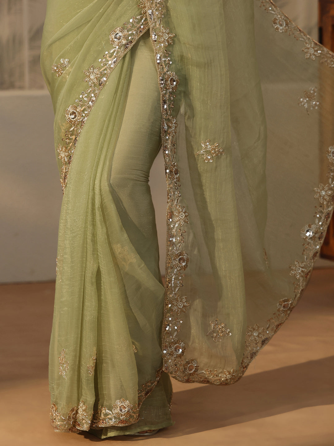  Libas Pista Green Floral Embellished Tissue Saree 