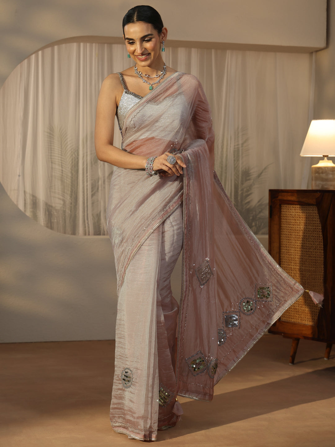  Libas Grey Tissue Saree with Applique Design 