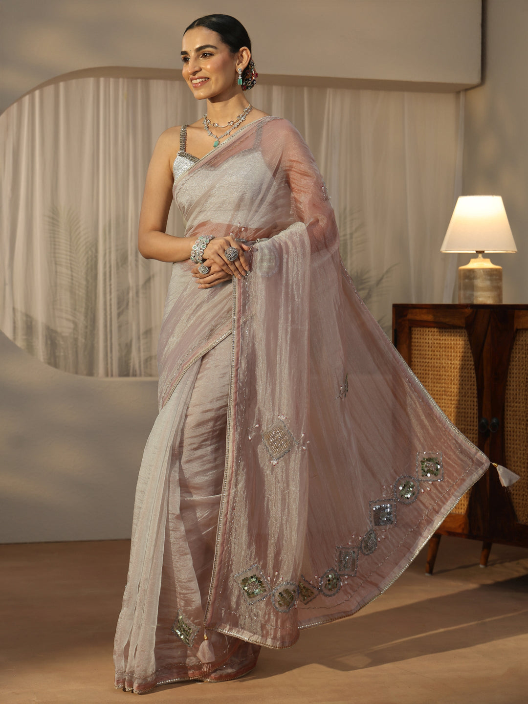 Libas Grey Tissue Saree with Applique Design 
