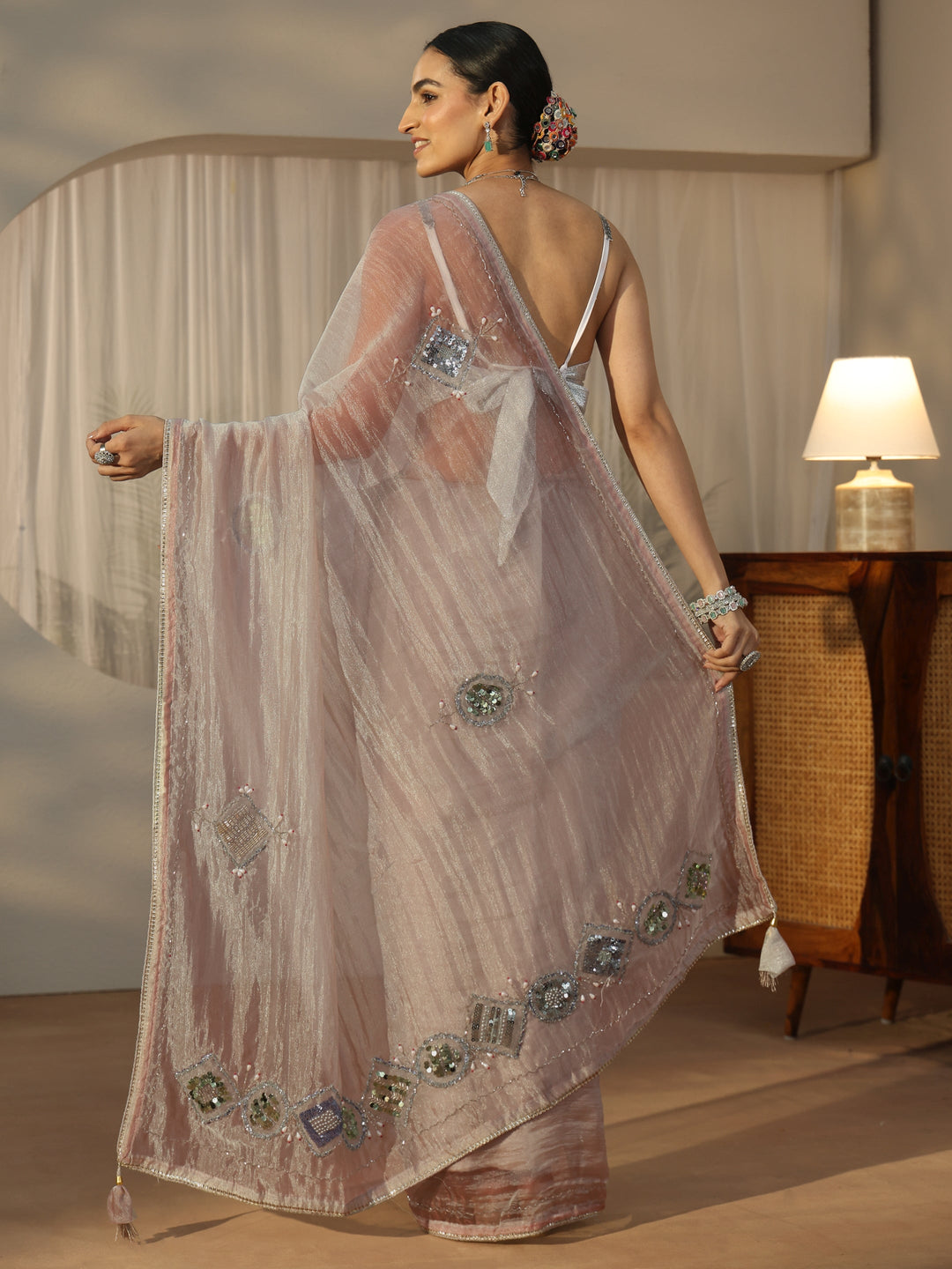  Libas Grey Tissue Saree with Applique Design 