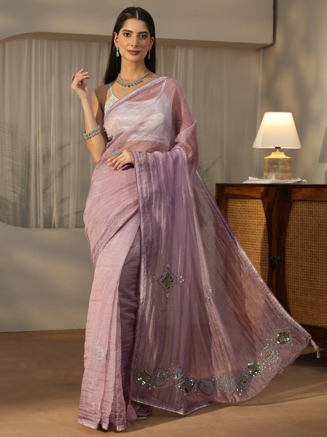  Libas Lavender Tissue Saree with Applique Design 