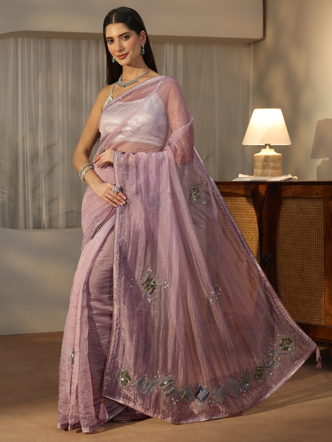  Libas Lavender Tissue Saree with Applique Design 