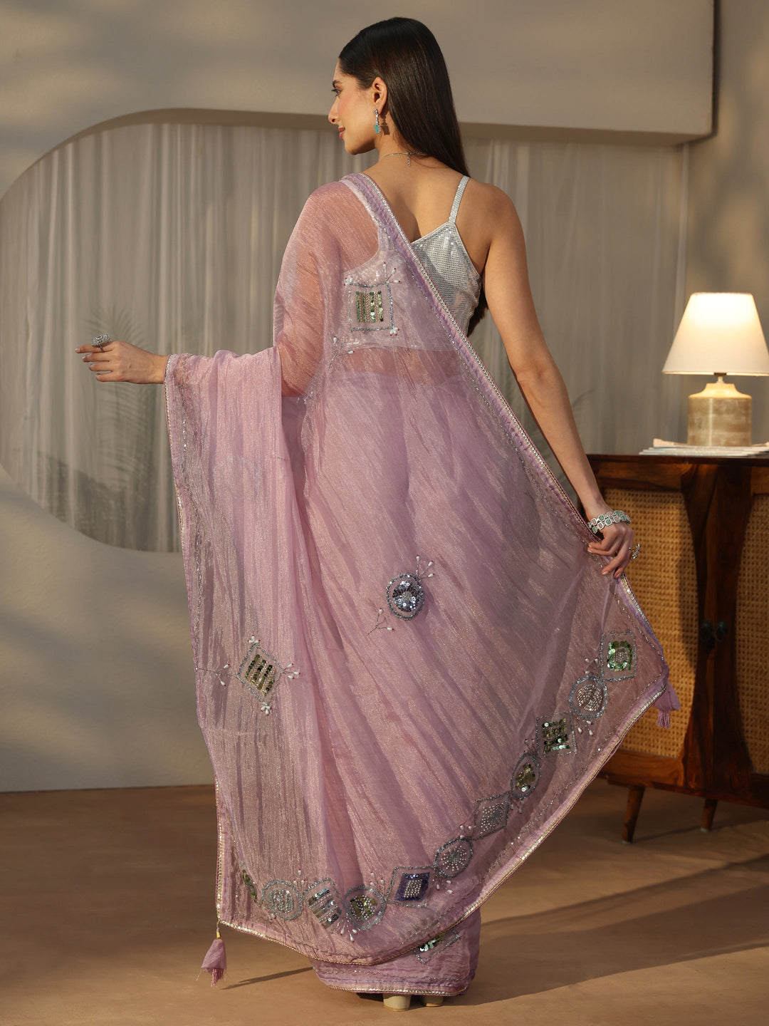  Libas Lavender Tissue Saree with Applique Design 