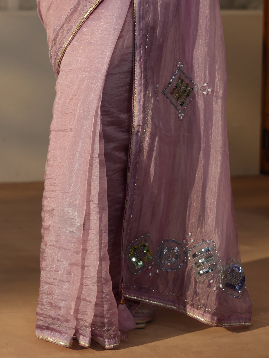  Libas Lavender Tissue Saree with Applique Design 