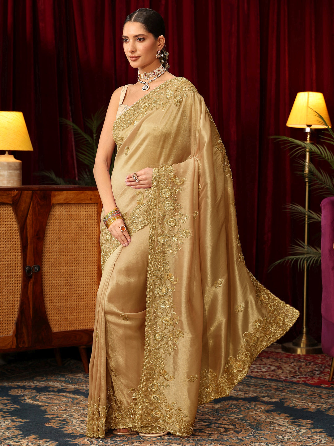  Libas Art Golden Floral Embellished Tissue Saree 