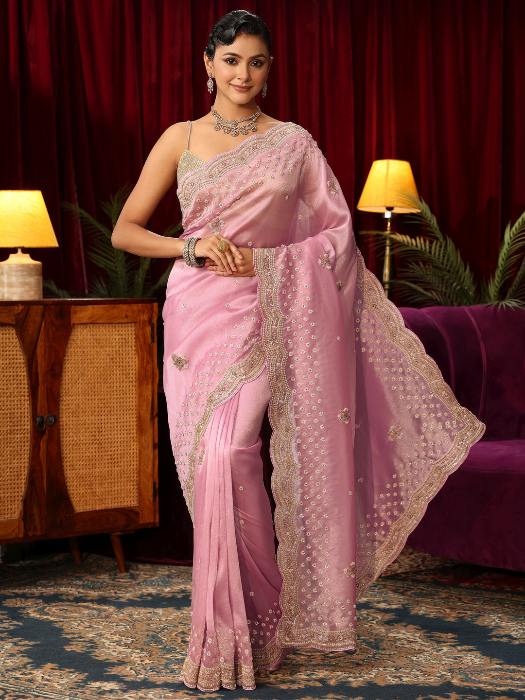  Libas Art Pink Floral Embroidered Tissue Saree 