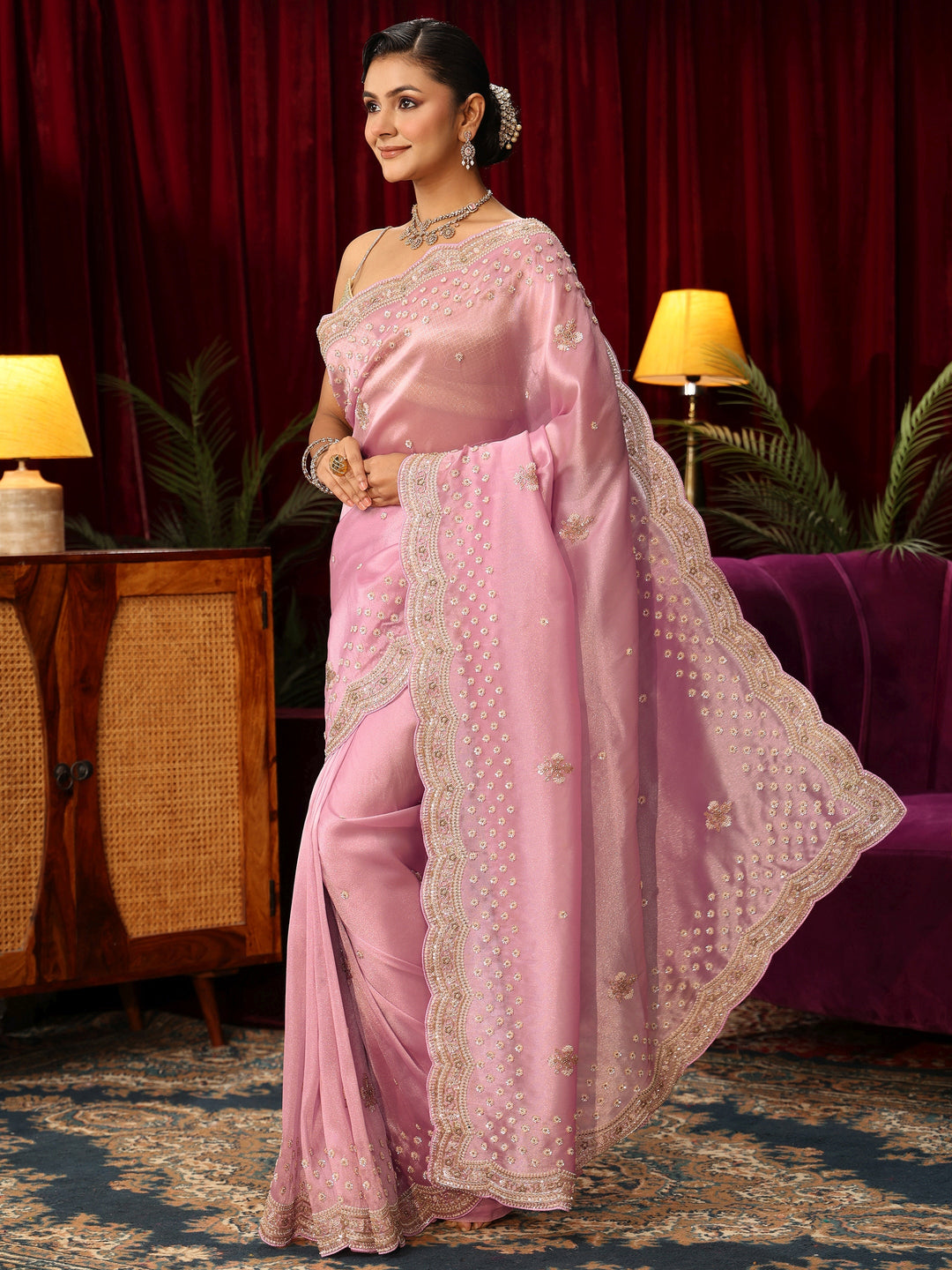  Libas Art Pink Floral Embroidered Tissue Saree 