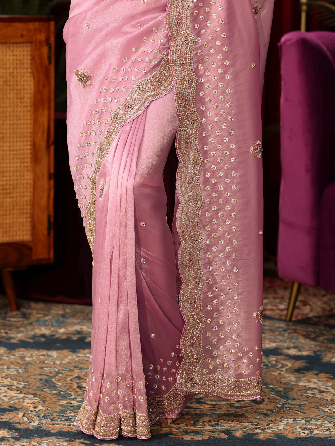  Libas Art Pink Floral Embroidered Tissue Saree 