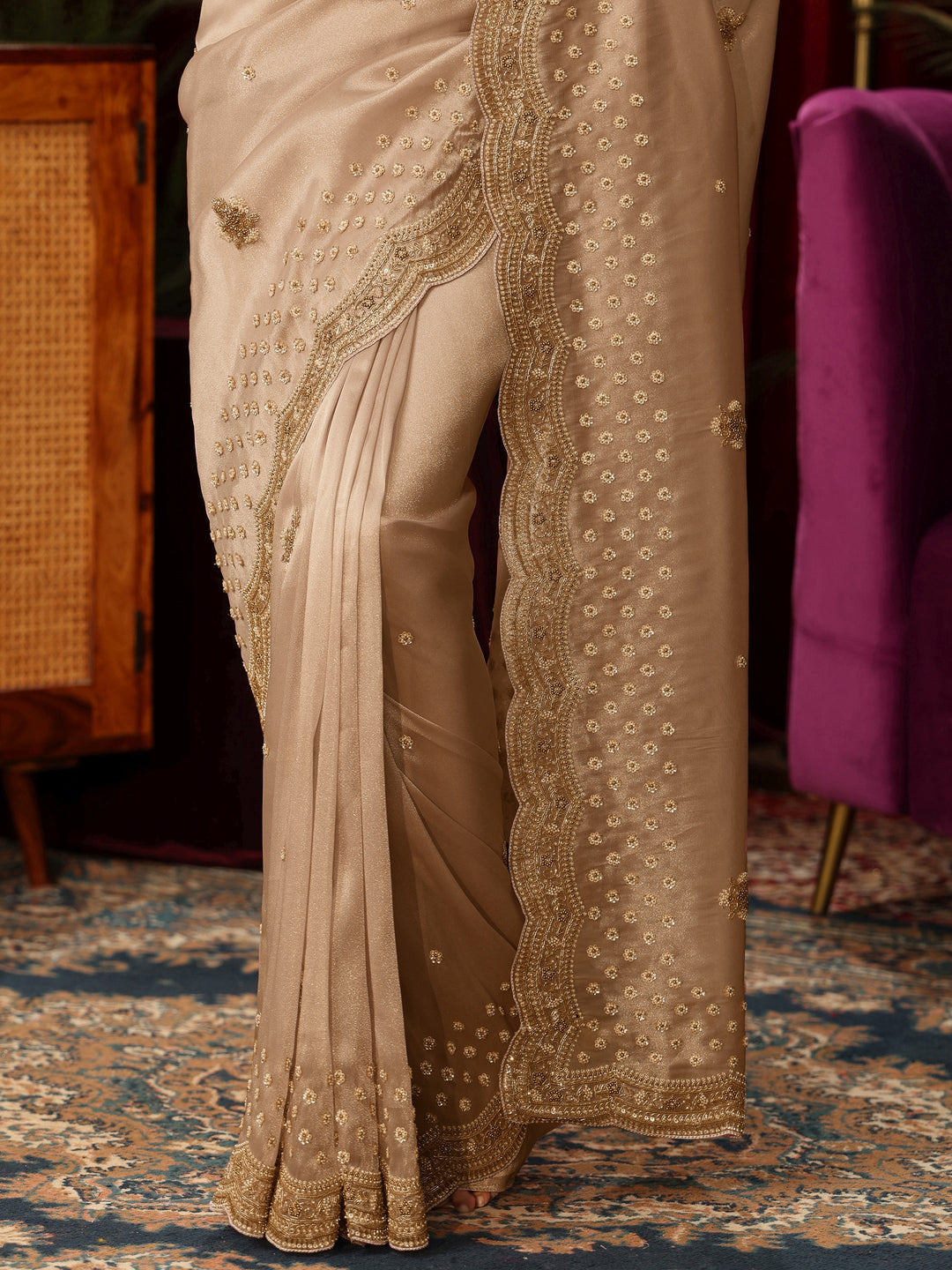  Libas Art Gold Floral Embellished Silk Blend Saree 