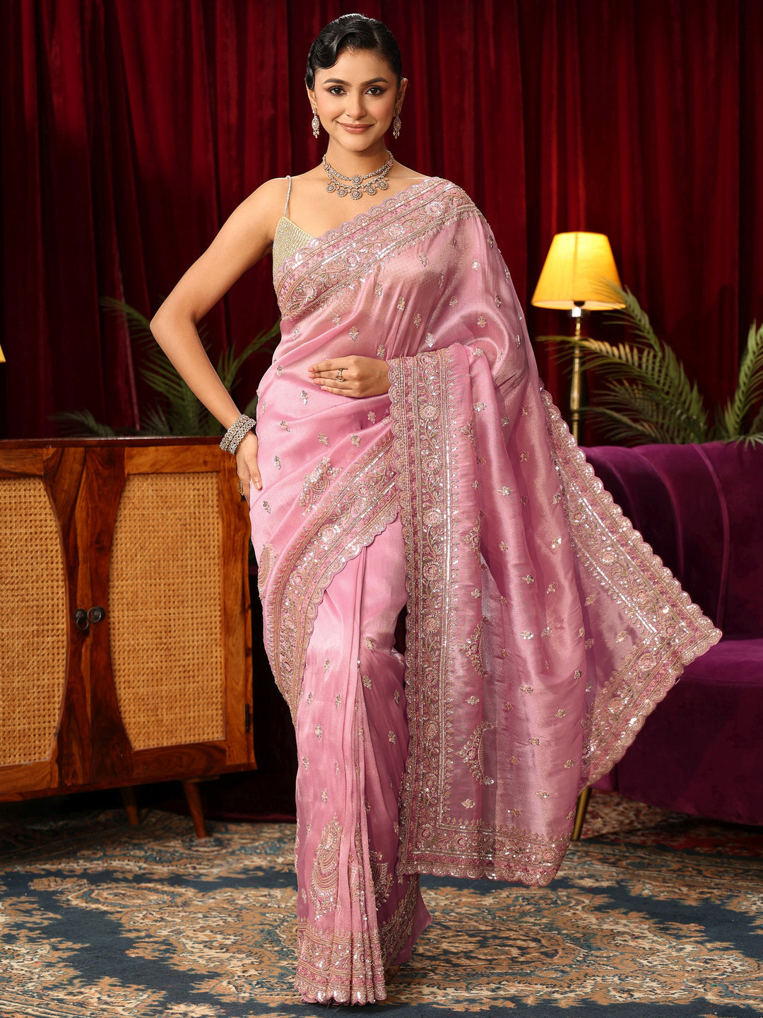  Libas Art Pink Sequin Embellished Tissue Saree 