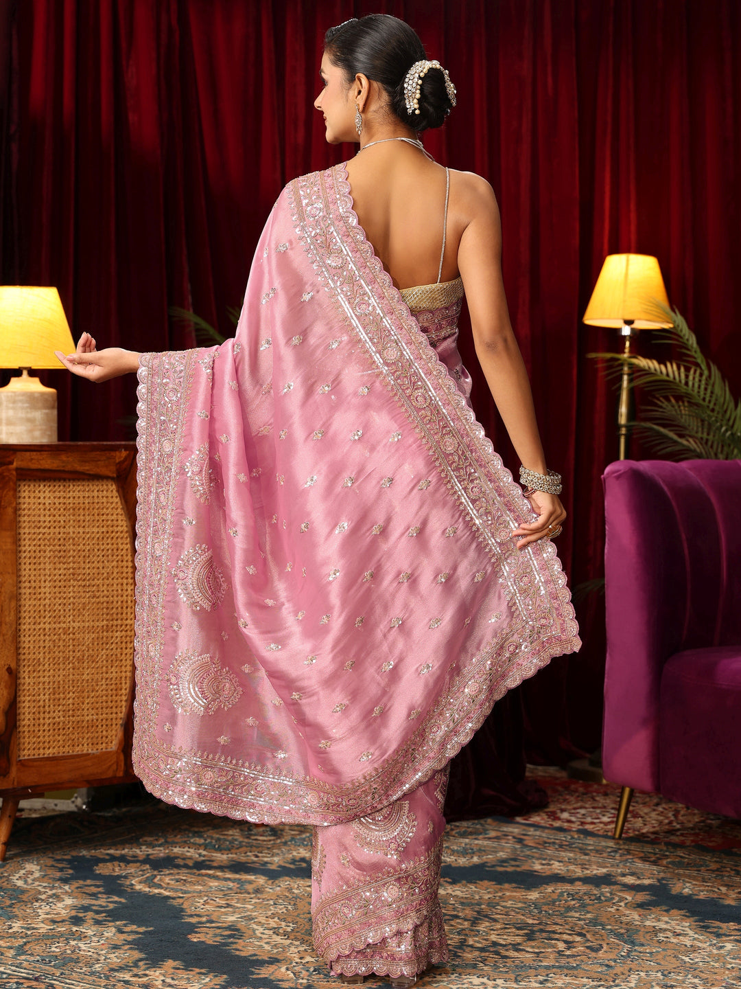  Libas Art Pink Sequin Embellished Tissue Saree 