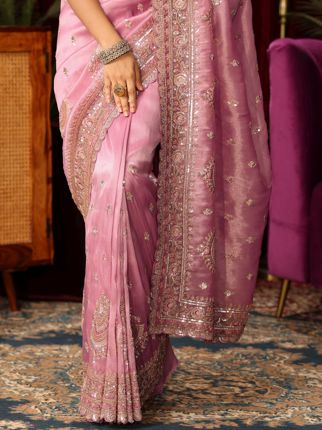  Libas Art Pink Sequin Embellished Tissue Saree 