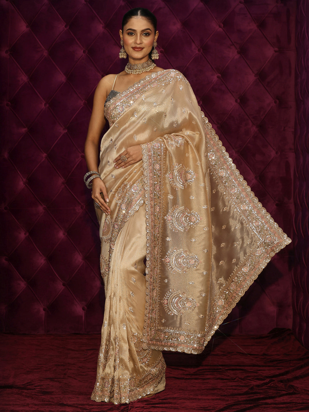  Libas Art Golden Sequin Embellished Tissue Saree 