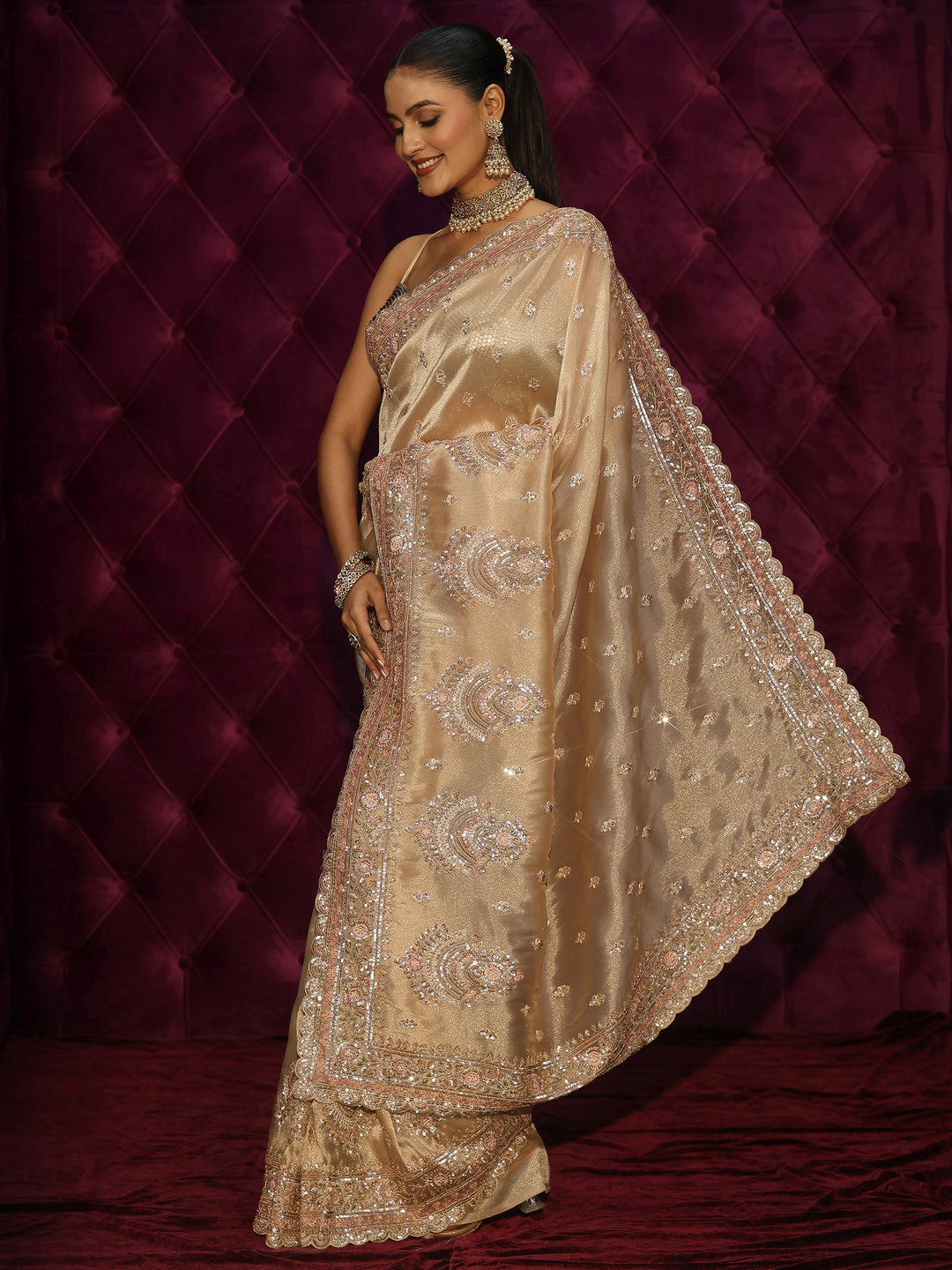  Libas Art Golden Sequin Embellished Tissue Saree 