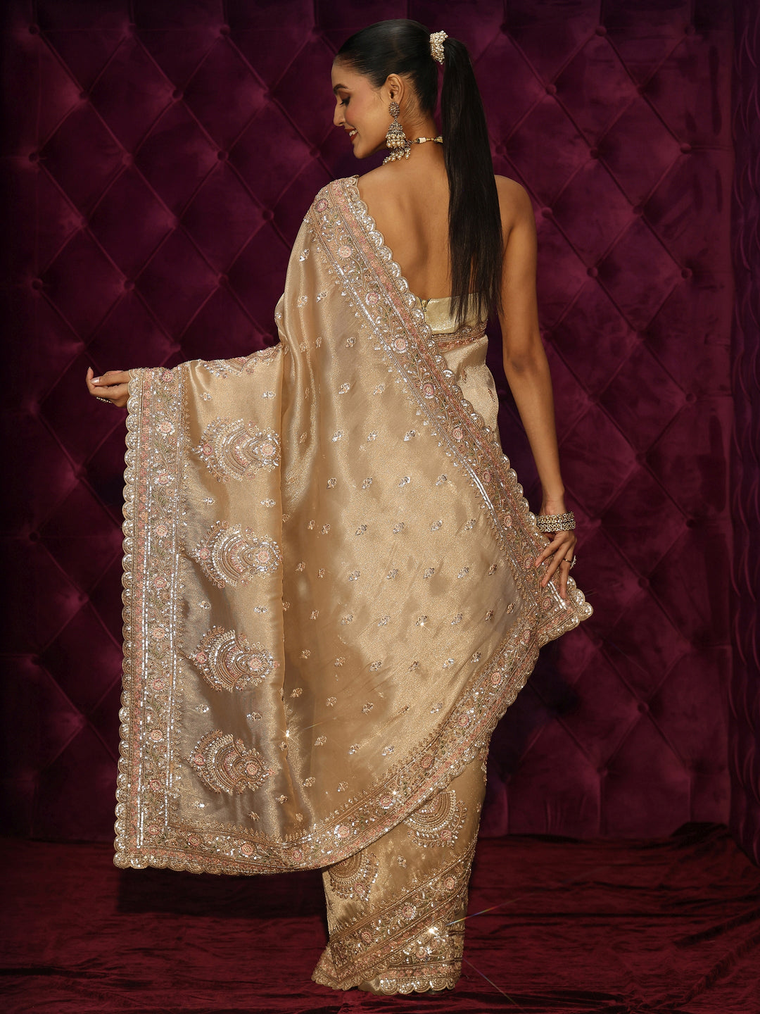  Libas Art Golden Sequin Embellished Tissue Saree 
