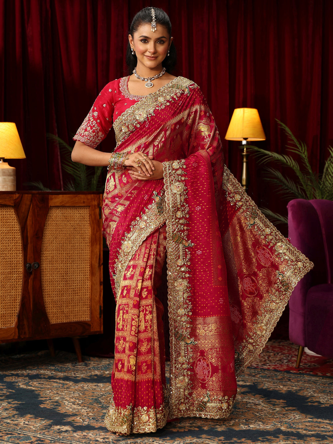  Libas Art Red Gharchola Woven Design Silk Blend Saree 
