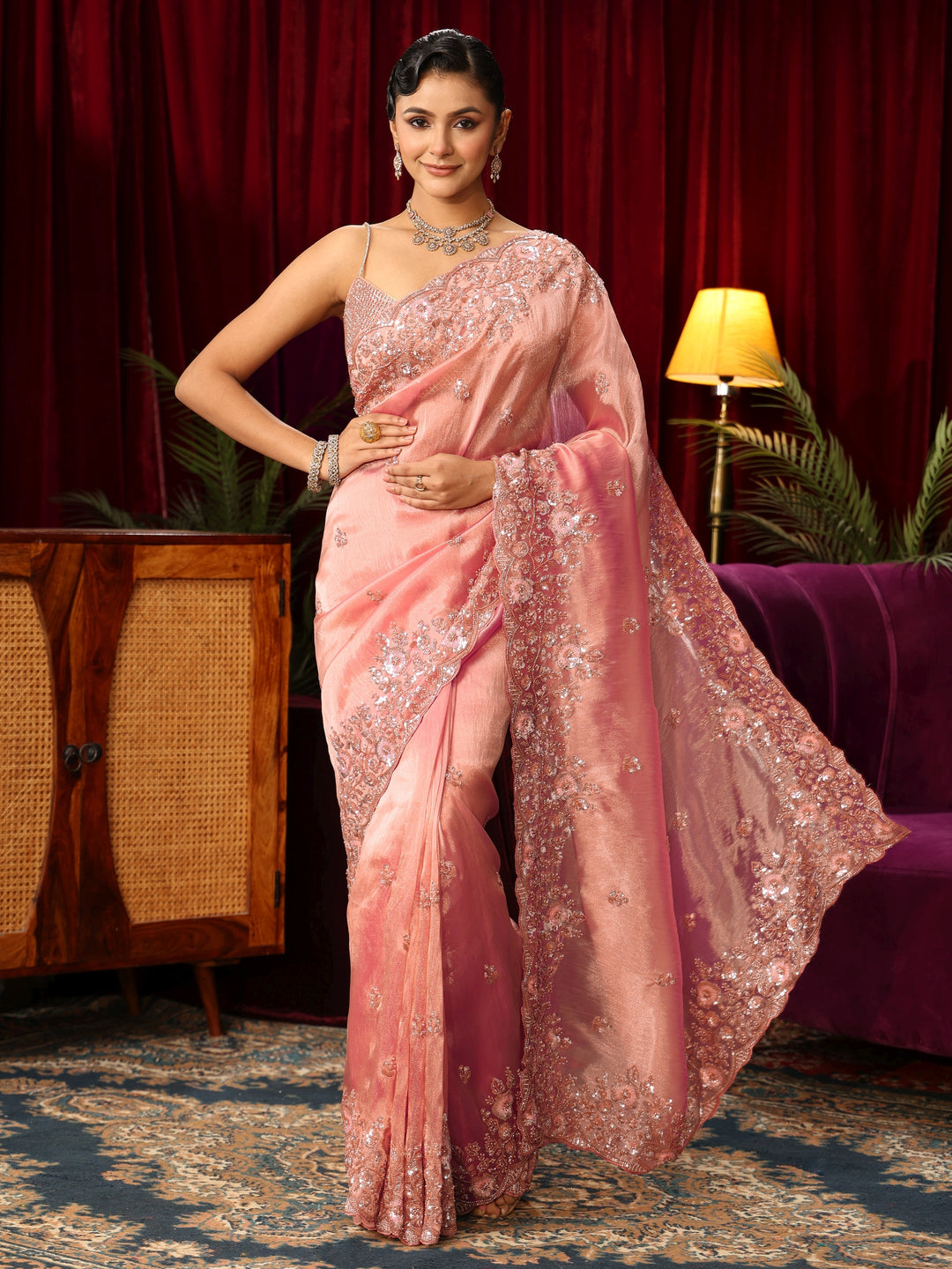  Libas Art Pink Floral Sequin Embellished Tissue Saree 