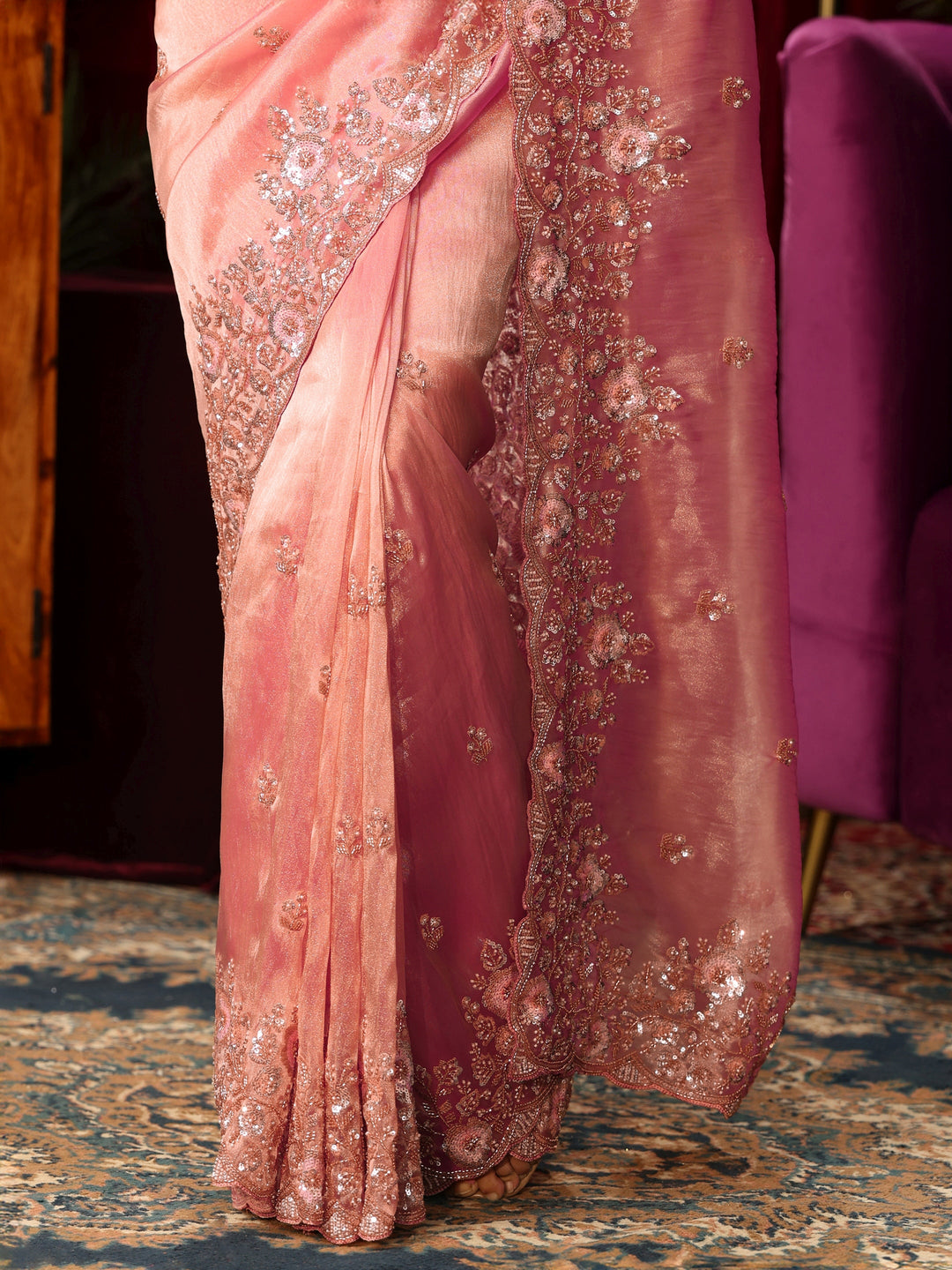  Libas Art Pink Floral Sequin Embellished Tissue Saree 