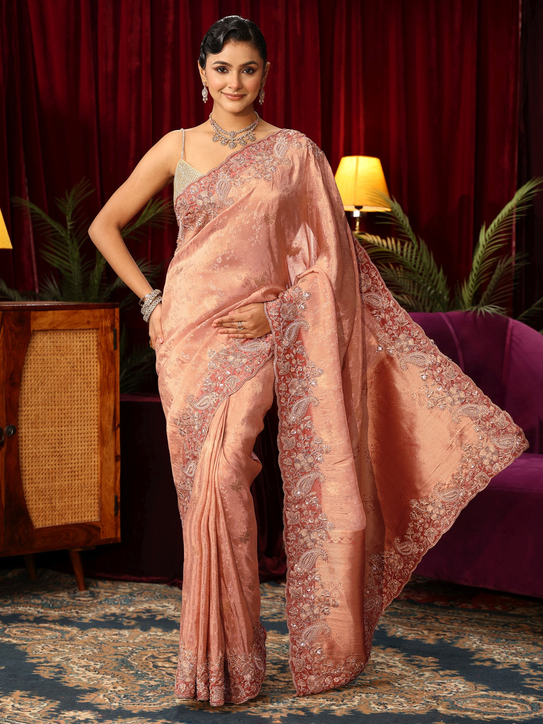  Libas Art Peach Silk Blend Saree with Bead Embellished Border 