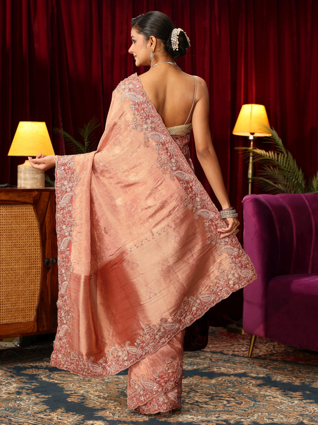  Libas Art Peach Silk Blend Saree with Bead Embellished Border 