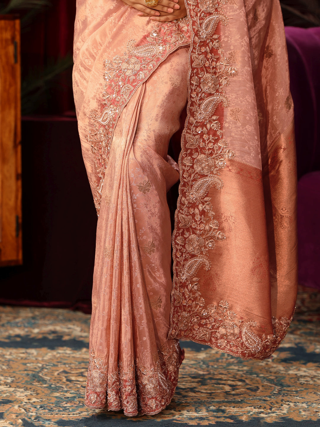  Libas Art Peach Silk Blend Saree with Bead Embellished Border 