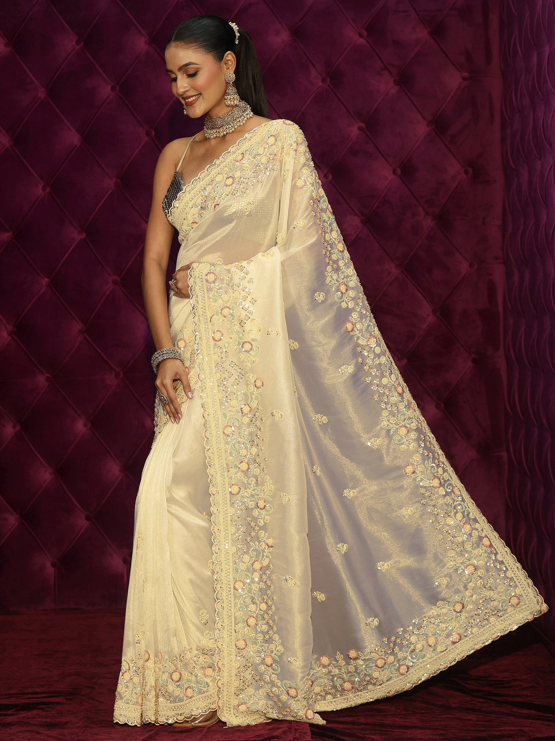 Libas Art Cream Floral Sequin Embellished Tissue Saree 