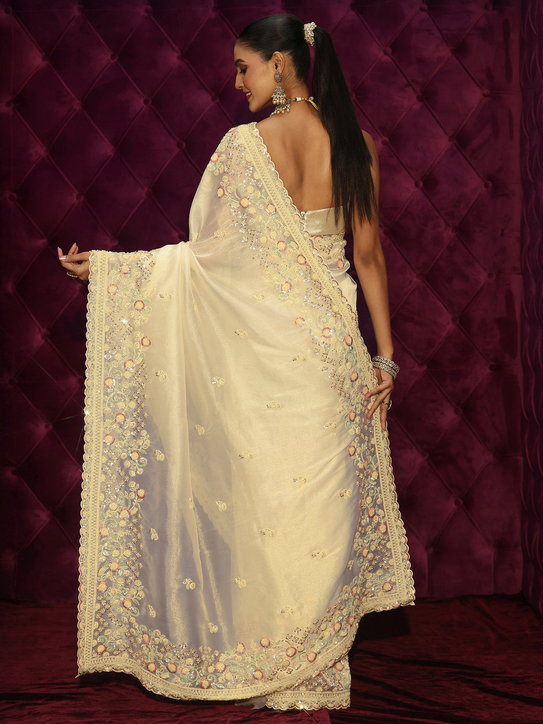  Libas Art Cream Floral Sequin Embellished Tissue Saree 