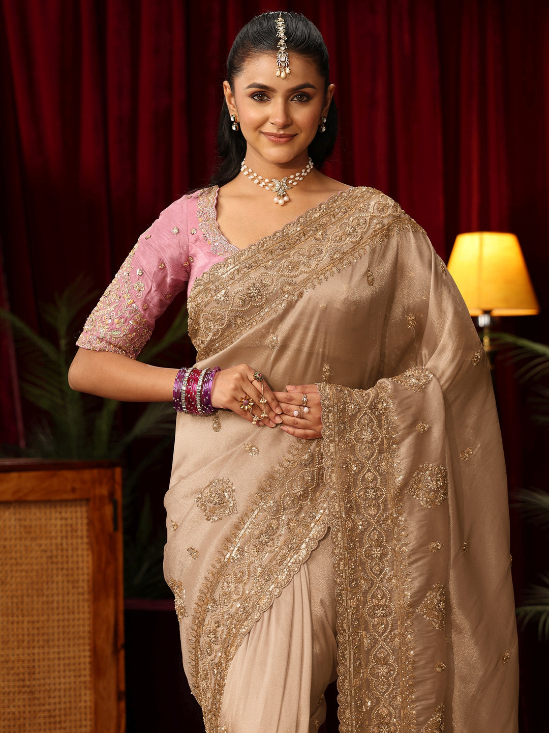  Libas Art Golden Floral Bead and Sequin Embellished Tissue Saree 