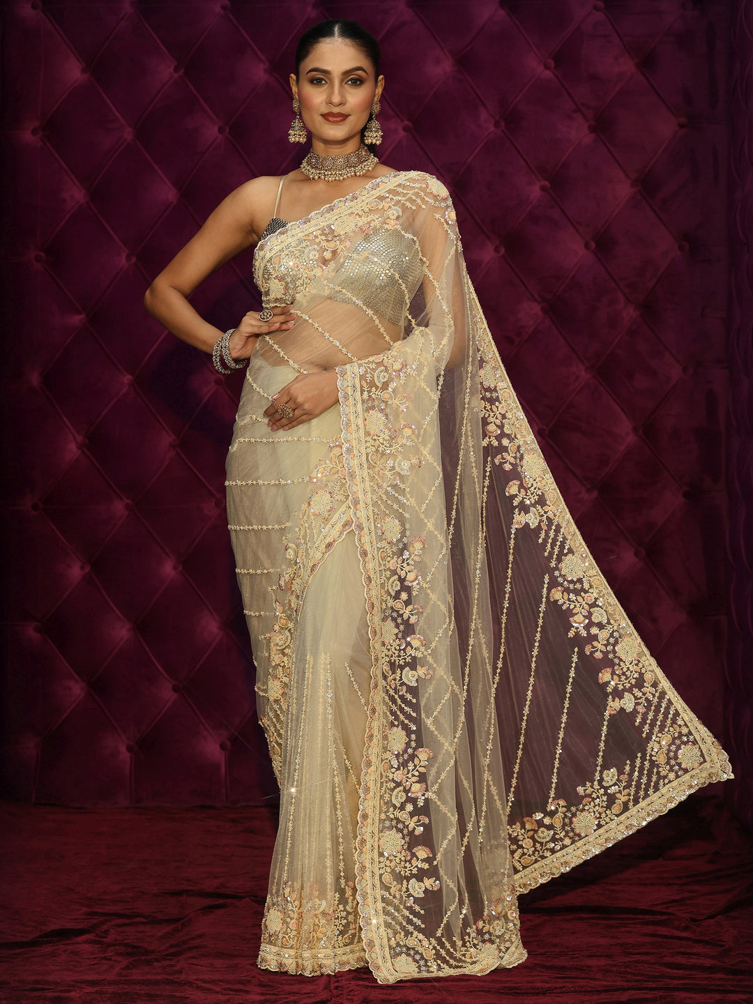  Libas Art Cream Floral Embellished Net Saree 